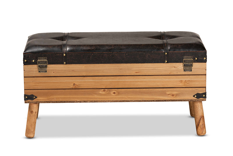 Ratu Rustic Transitional Dark Brown PU Leather Upholstered and Oak Finished Wood Large Storage Ottoman