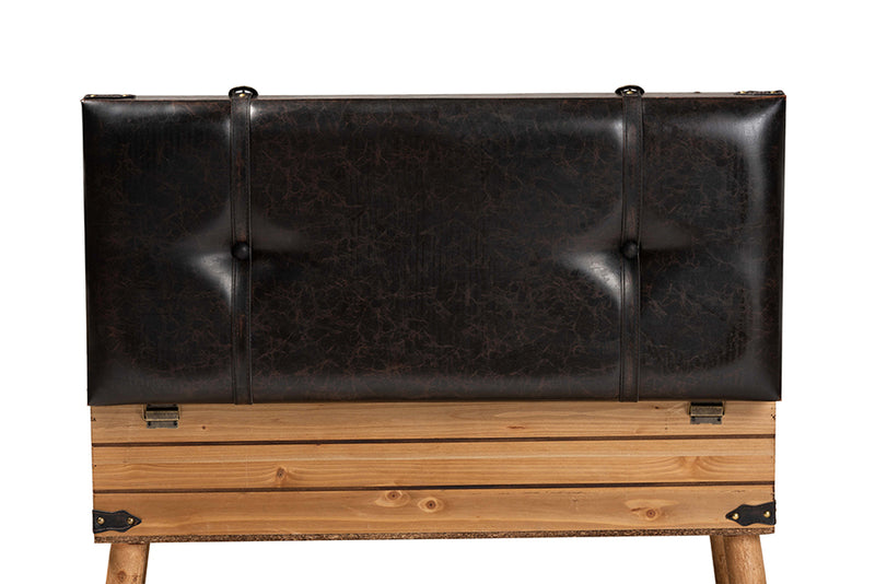 Ratu Rustic Transitional Dark Brown PU Leather Upholstered and Oak Finished Wood Large Storage Ottoman