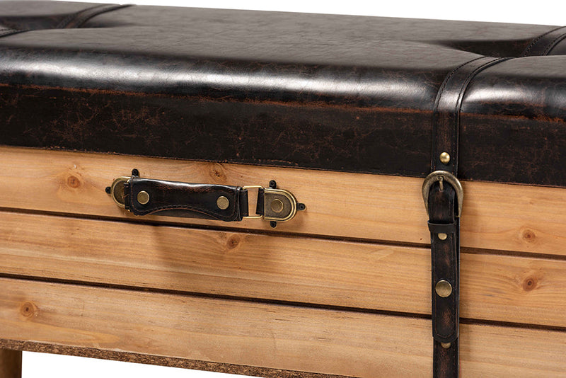 Ratu Rustic Dark Brown PU Leather Upholstered and Oak Large Storage Ottoman Baxton