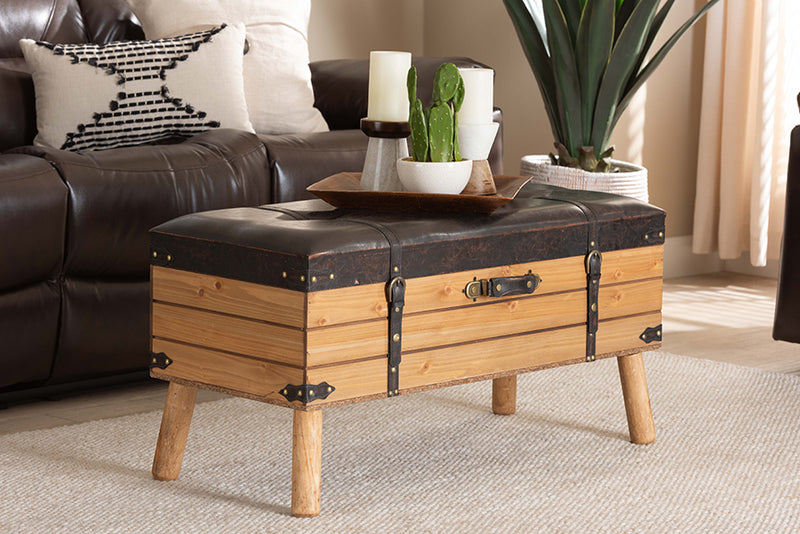 Ratu Rustic Transitional Dark Brown PU Leather Upholstered and Oak Finished Wood Large Storage Ottoman