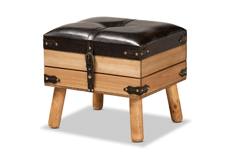 Ratu Rustic Transitional Dark Brown PU Leather Upholstered and Oak Finished Wood Small Storage Ottoman