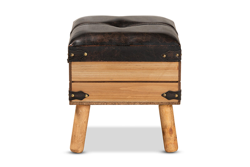 Ratu Rustic Transitional Dark Brown PU Leather Upholstered and Oak Finished Wood Small Storage Ottoman