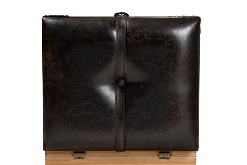 Ratu Rustic Transitional Dark Brown PU Leather Upholstered and Oak Finished Wood Small Storage Ottoman