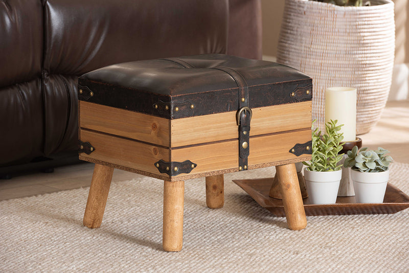 Ratu Rustic Transitional Dark Brown PU Leather Upholstered and Oak Finished Wood Small Storage Ottoman