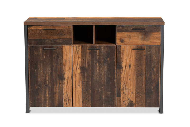 Berlin Mid-Century Modern Rustic Brown Finished Wood and Gray Metal 2-Door Sideboard Buffet