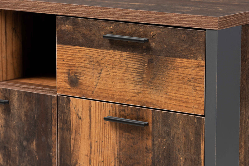 Berlin Mid-Century Modern Rustic Brown Finished Wood and Gray Metal 2-Door Sideboard Buffet