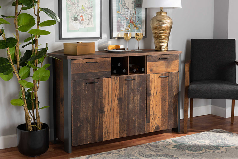 Berlin Mid-Century Modern Rustic Brown Finished Wood and Gray Metal 2-Door Sideboard Buffet