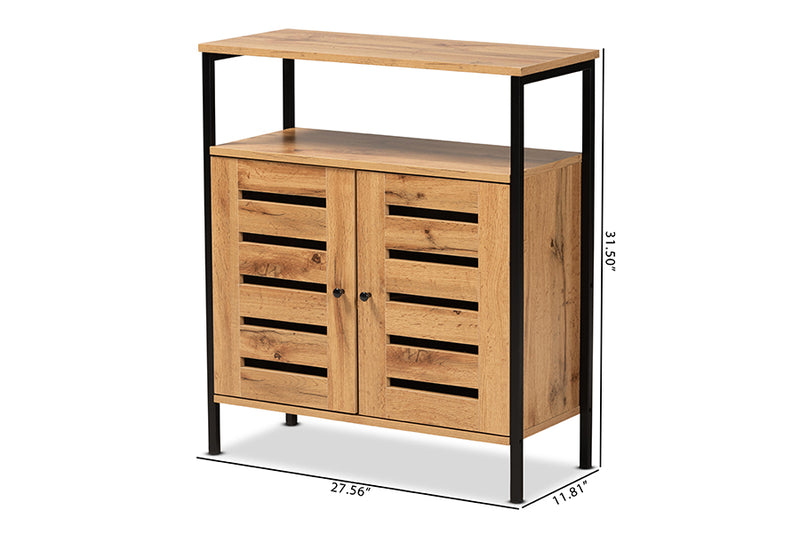 Noela Modern and Contemporary Oak Brown Finished Wood and Black Metal 2-Door Shoe Cabinet