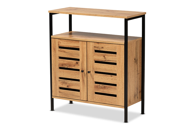 Noela Modern and Contemporary Oak Brown Finished Wood and Black Metal 2-Door Shoe Cabinet