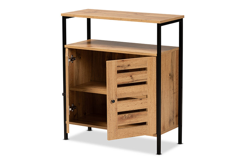 Noela Modern and Contemporary Oak Brown Finished Wood and Black Metal 2-Door Shoe Cabinet