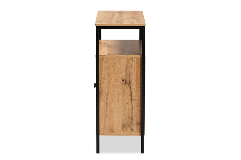 Noela Modern and Contemporary Oak Brown Finished Wood and Black Metal 2-Door Shoe Cabinet