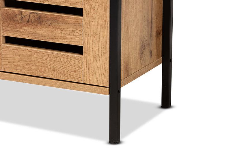 Noela Modern and Contemporary Oak Brown Finished Wood and Black Metal 2-Door Shoe Cabinet