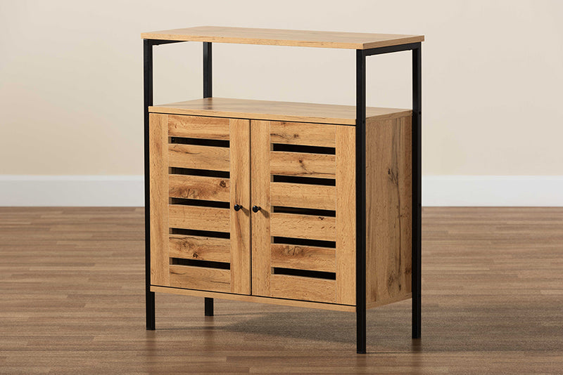 Noela Modern and Contemporary Oak Brown Finished Wood and Black Metal 2-Door Shoe Cabinet