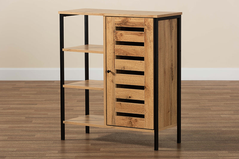 Noela Modern and Contemporary Oak Brown Finished Wood and Black Finished Metal 1-Door Shoe Storage Cabinet