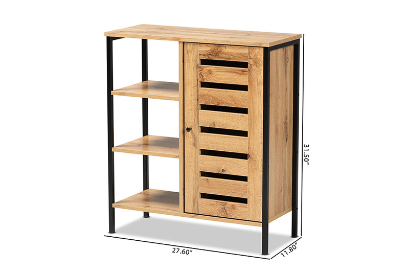 Noela Modern and Contemporary Oak Brown Finished Wood and Black Finished Metal 1-Door Shoe Storage Cabinet