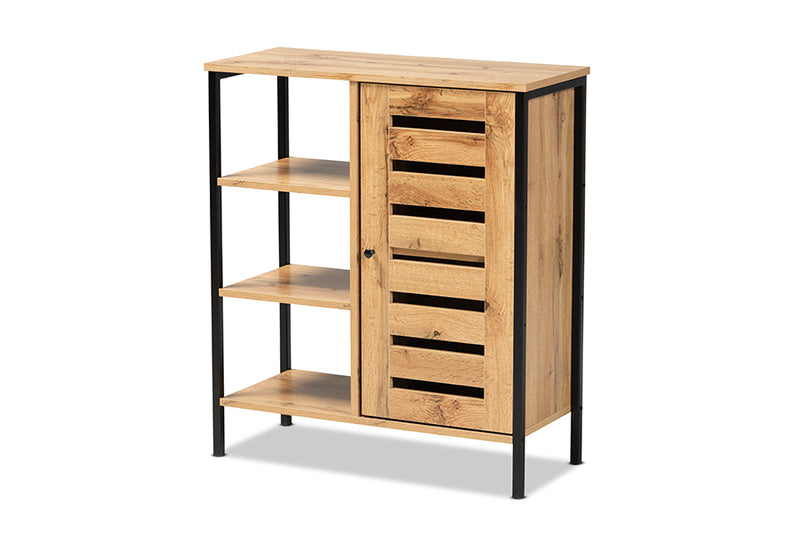 Noela Modern and Contemporary Oak Brown Finished Wood and Black Finished Metal 1-Door Shoe Storage Cabinet