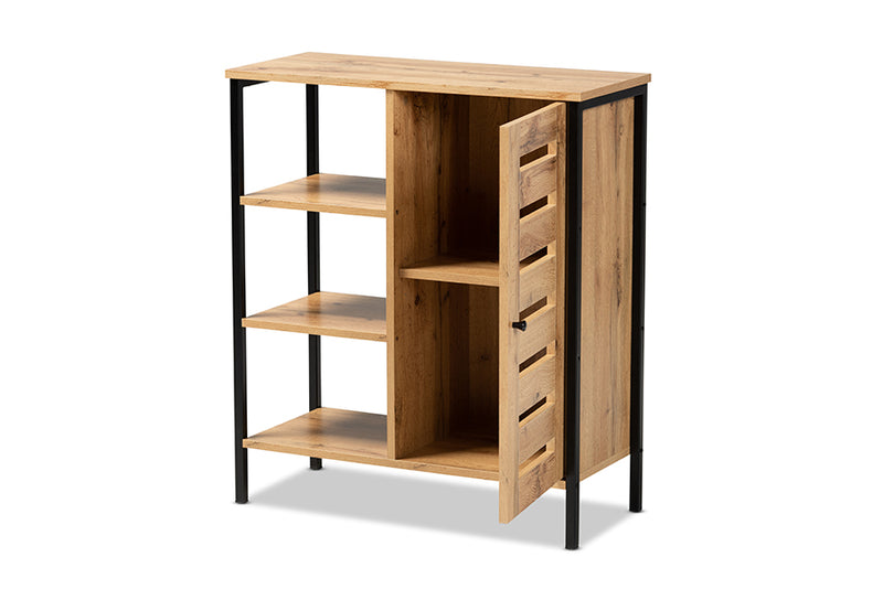 Noela Modern and Contemporary Oak Brown Finished Wood and Black Finished Metal 1-Door Shoe Storage Cabinet