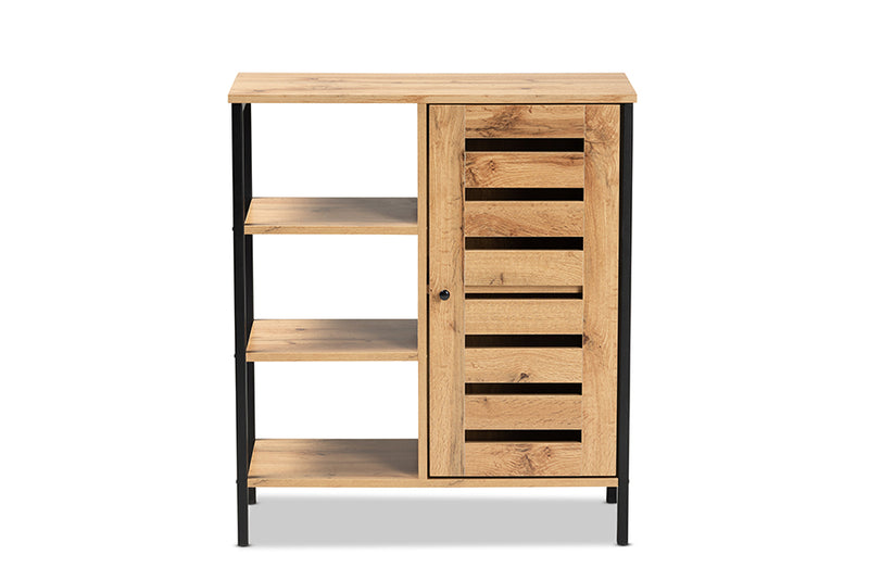 Noela Modern and Contemporary Oak Brown Finished Wood and Black Finished Metal 1-Door Shoe Storage Cabinet