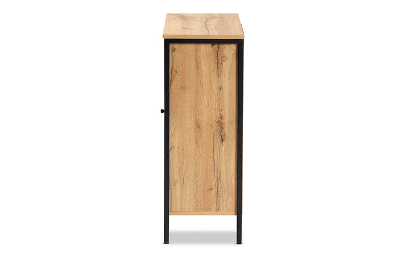 Noela Modern and Contemporary Oak Brown Finished Wood and Black Finished Metal 1-Door Shoe Storage Cabinet