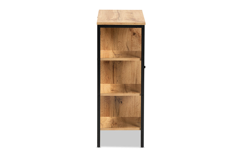 Noela Modern and Contemporary Oak Brown Finished Wood and Black Finished Metal 1-Door Shoe Storage Cabinet