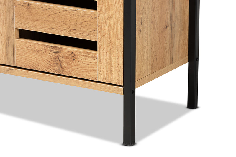 Noela Modern and Contemporary Oak Brown Finished Wood and Black Finished Metal 1-Door Shoe Storage Cabinet