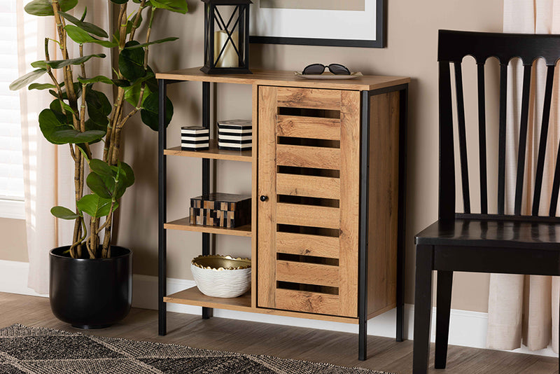 Noela Modern and Contemporary Oak Brown Finished Wood and Black Finished Metal 1-Door Shoe Storage Cabinet