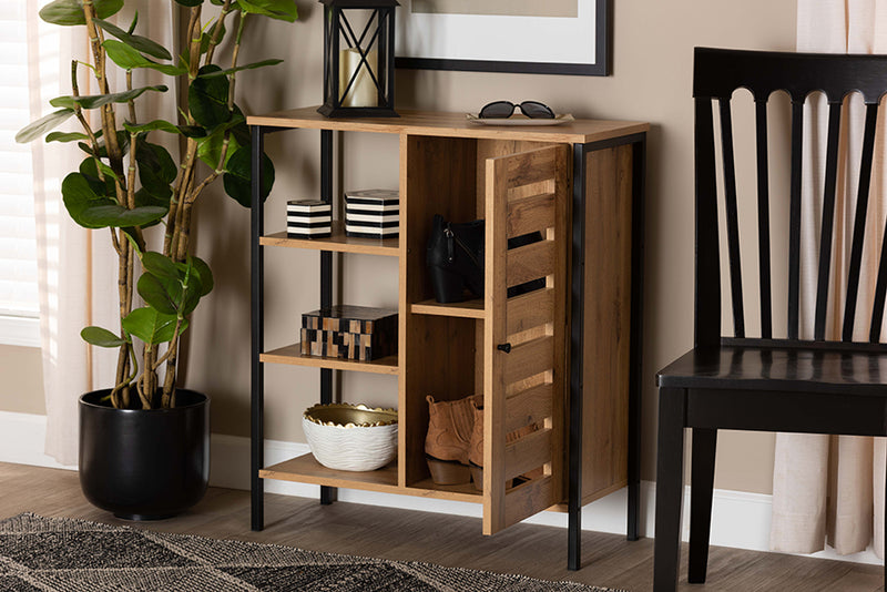 Noela Modern and Contemporary Oak Brown Finished Wood and Black Finished Metal 1-Door Shoe Storage Cabinet