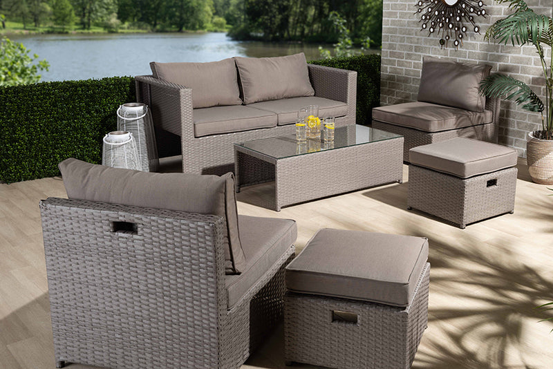 Ambre Modern and Contemporary Gray Fabric Upholstered and Gray Finished Synthetic Rattan 6-Piece Patio Set