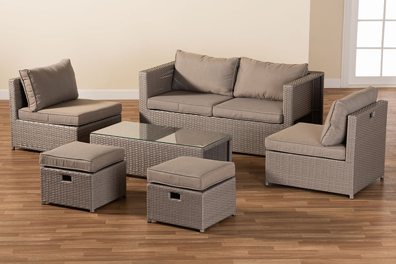 Ambre Modern and Contemporary Gray Fabric Upholstered and Gray Finished Synthetic Rattan 6-Piece Patio Set