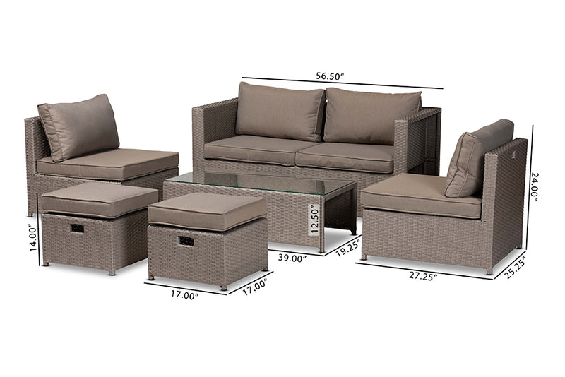 Ambre Modern and Contemporary Gray Fabric Upholstered and Gray Finished Synthetic Rattan 6-Piece Patio Set