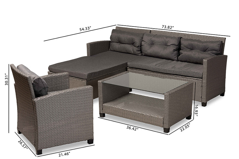 Adara Modern and Contemporary Gray Fabric Upholstered and Gray Synthetic Rattan 4-Piece Patio Set