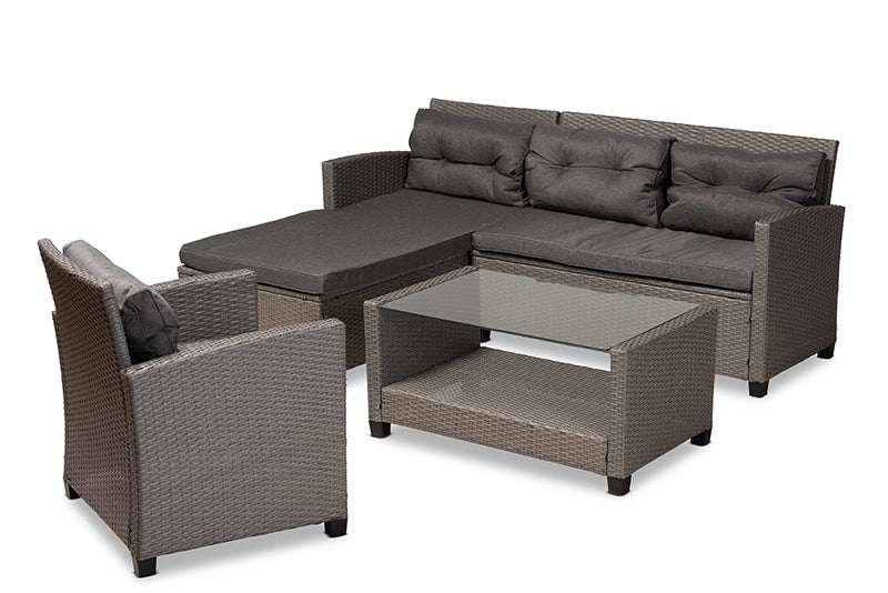 Adara Modern and Contemporary Gray Fabric Upholstered and Gray Synthetic Rattan 4-Piece Patio Set