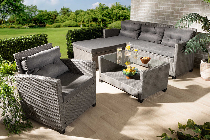 Adara Modern and Contemporary Gray Fabric Upholstered and Gray Synthetic Rattan 4-Piece Patio Set