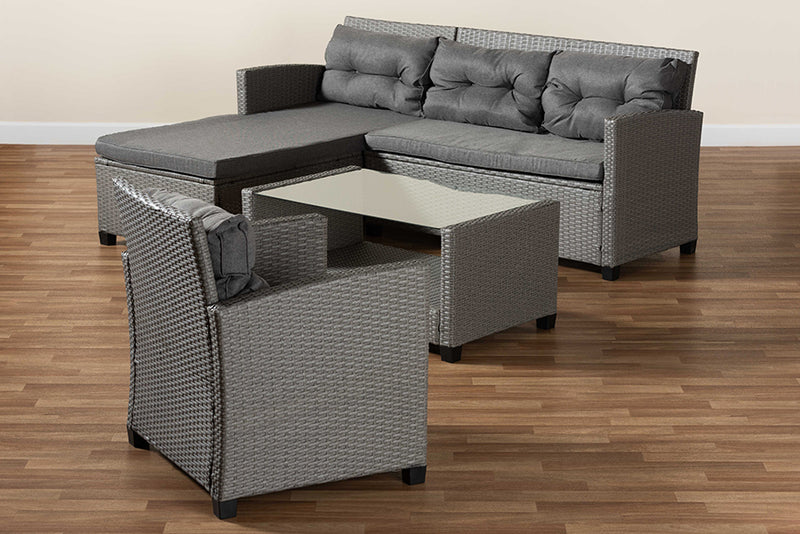 Adara Modern and Contemporary Gray Fabric Upholstered and Gray Synthetic Rattan 4-Piece Patio Set