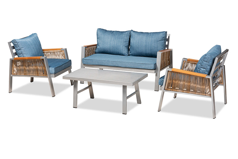 Reese Blue Fabric/Gray Finished Metal w/Brown Finished PE Rattan 4-Piece Patio Lounge Set