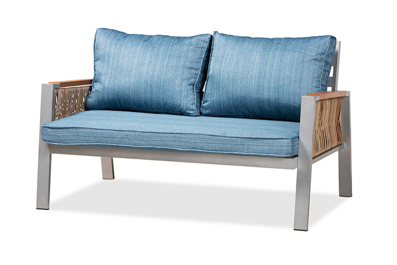 Reese Blue Fabric/Gray Finished Metal w/Brown Finished 4Pc Patio Lounge Set Baxton