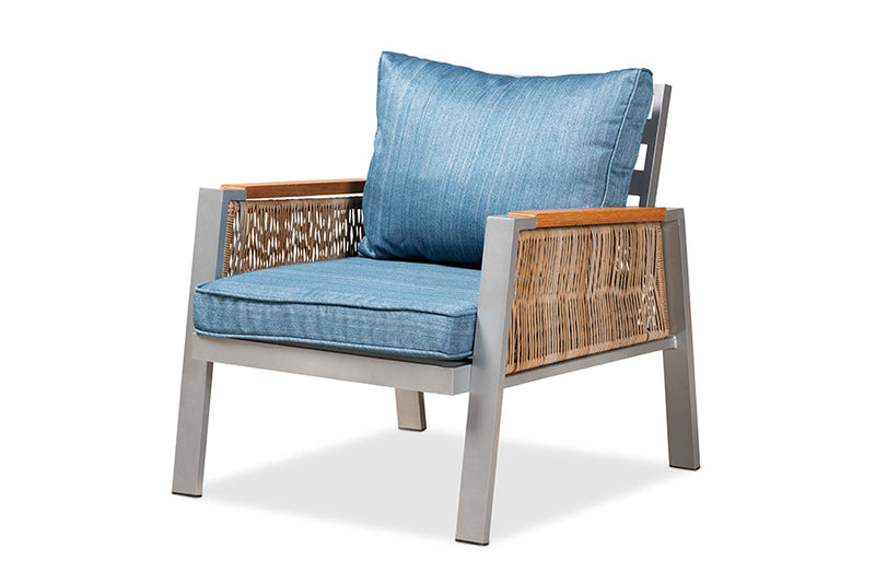 Reese Blue Fabric/Gray Finished Metal w/Brown Finished 4Pc Patio Lounge Set Baxton