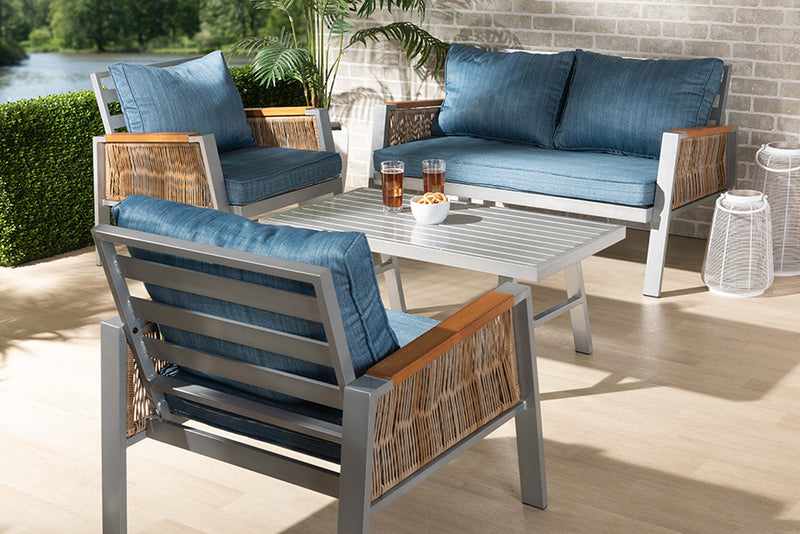 Reese Blue Fabric/Gray Finished Metal w/Brown Finished PE Rattan 4-Piece Patio Lounge Set