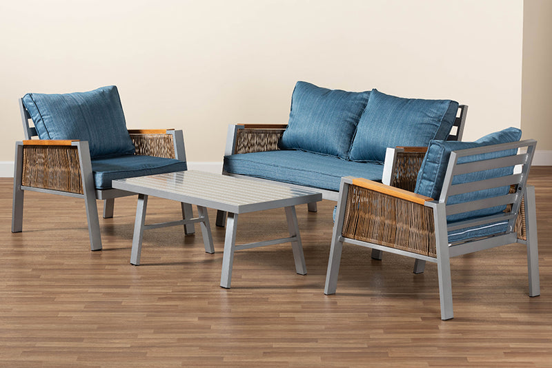 Reese Blue Fabric/Gray Finished Metal w/Brown Finished PE Rattan 4-Piece Patio Lounge Set