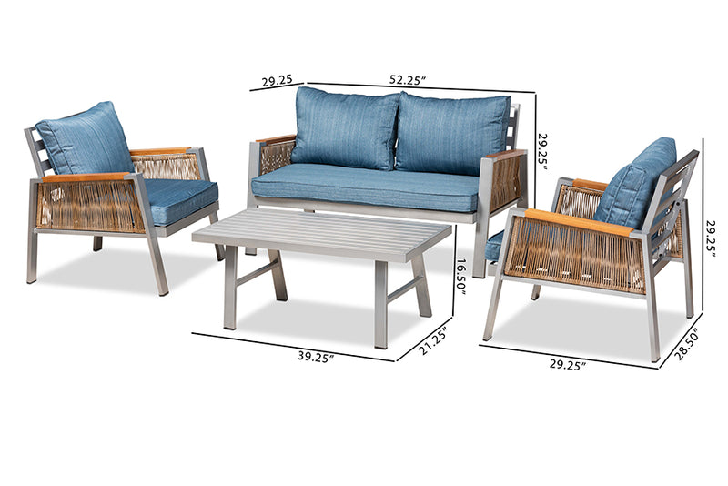 Reese Blue Fabric/Gray Finished Metal w/Brown Finished PE Rattan 4-Piece Patio Lounge Set