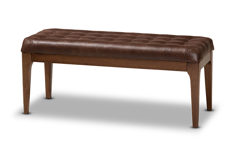 Gemini Mid-Century Modern Dark Brown Leather-Effect Polyester Fabric Upholstered and Walnut Brown Finished Wood Dining Bench