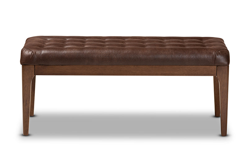 Gemini Mid-Century Modern Dark Brown Leather-Effect Polyester Fabric Upholstered and Walnut Brown Finished Wood Dining Bench