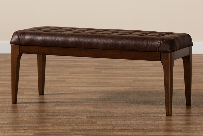 Gemini Mid-Century Modern Dark Brown Leather-Effect Polyester Fabric Upholstered and Walnut Brown Finished Wood Dining Bench