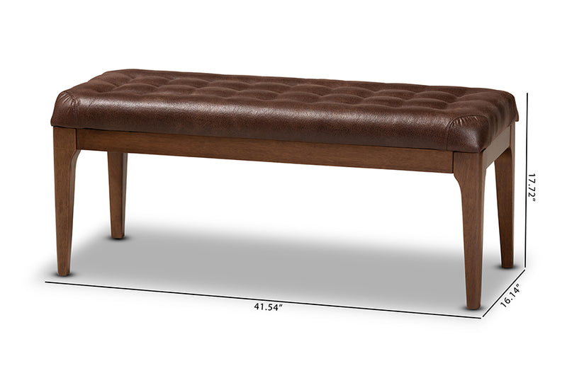 Gemini Mid-Century Modern Dark Brown Leather-Effect Polyester Fabric Upholstered and Walnut Brown Finished Wood Dining Bench