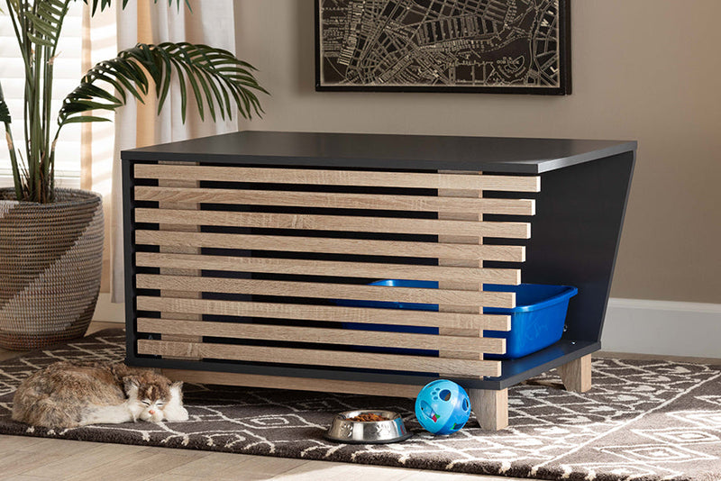 Reagan Two-Tone Dark Gray and Oak Cat Litter Box Cover House Baxton