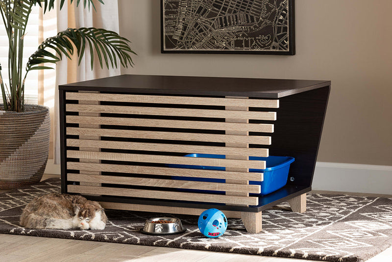 Reagan Two-Tone Dark Brown and Oak Cat Litter Box Cover House Baxton
