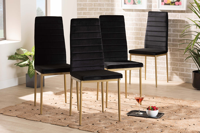 Thalia Modern Glam and Luxe Black Velvet Fabric Upholstered and Gold Finished Metal 4-Piece Dining Chair Set