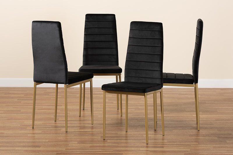 Thalia Modern Glam and Luxe Black Velvet Fabric Upholstered and Gold Finished Metal 4-Piece Dining Chair Set