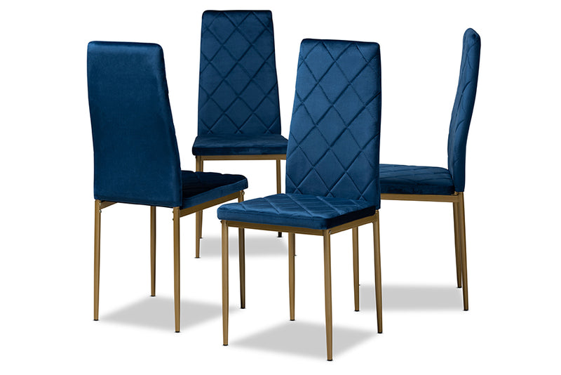 Karsen Modern Luxe and Glam Navy Blue Velvet Fabric Upholstered and Gold Finished Metal 4-Piece Dining Chair Set