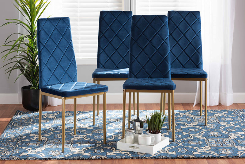 Karsen Modern Luxe and Glam Navy Blue Velvet Fabric Upholstered and Gold Finished Metal 4-Piece Dining Chair Set